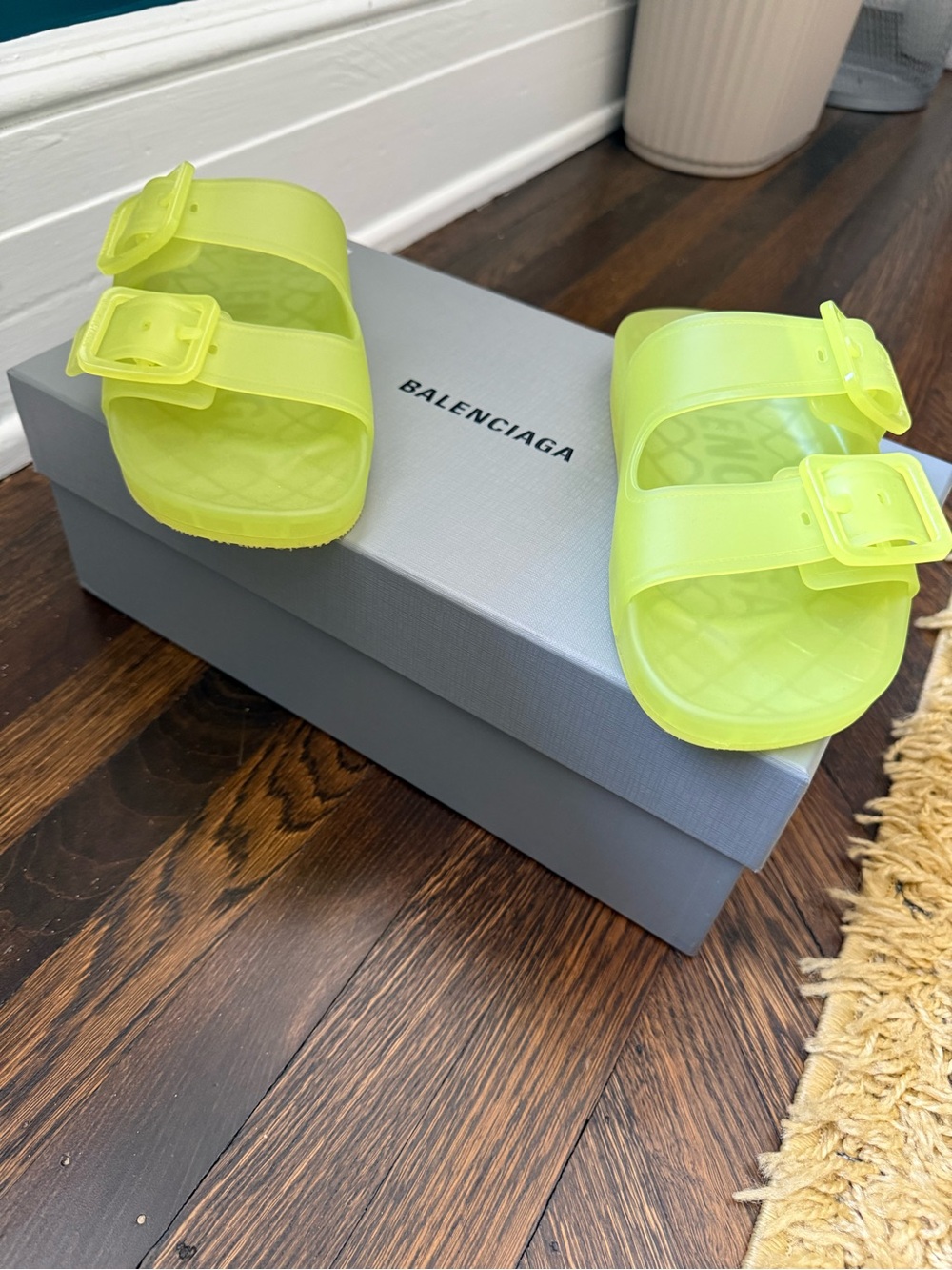 Balenciaga Mallorca Jelly Double Buckle Slide Sandals Neon Yellow Green EU 36